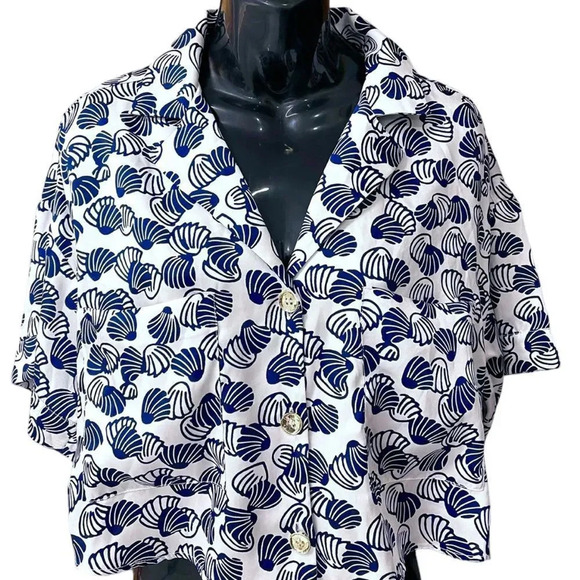 Zara Clamshell Silky White & Navy Relaxed Fit Button Front Crop Top‎ Size Large - Picture 1 of 4